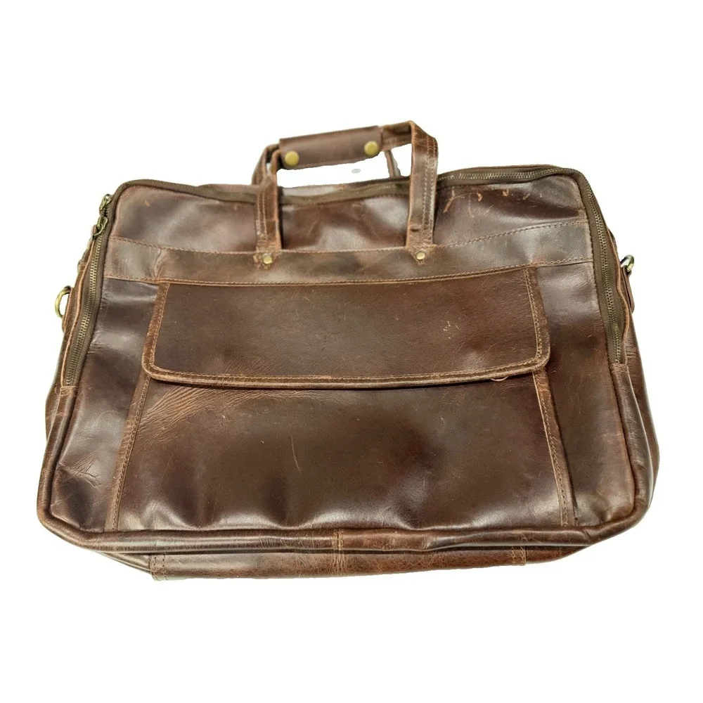 Vintage Large Distressed Brown Leather Briefcase Business Travel Messenger Bag
